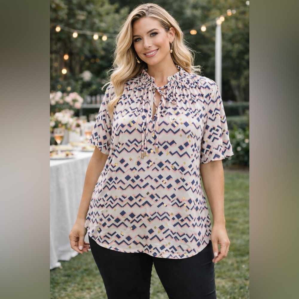 Alex & Parker 2X Boho Sheer Tunic Blouse Gold Accent Tie Neck Top Spring READ